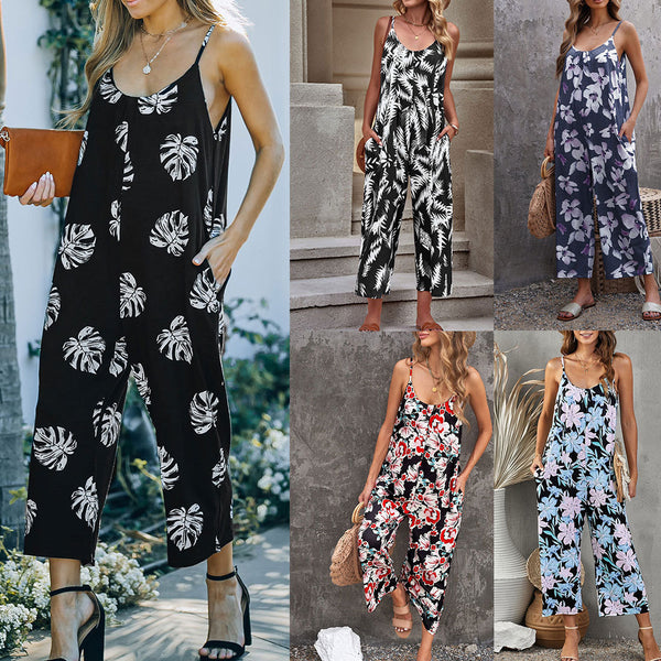 Flowers Print Suspender Jumpsuit With Pockets Spring Summer Fashion Round-neck Overalls For Womens Clothing