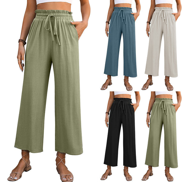 Drawstring High Waist Straight Pants Summer Casual Solid Color Loose Wide Leg Trousers For Womens Clothing