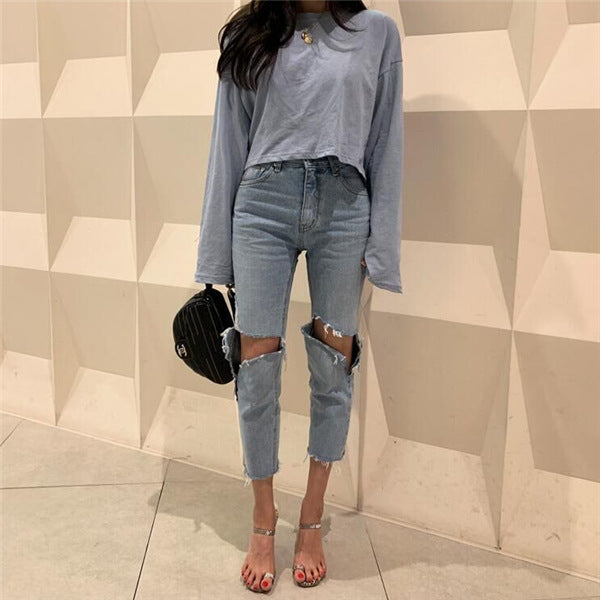 High Waist Washed Blue Irregular Ripped Raw Edge Brushed Jeans