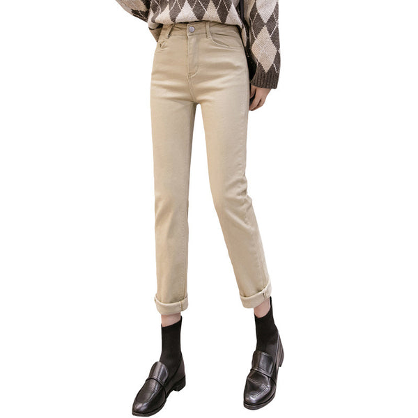 Korean Version Of Solid Color High Waist Slim Casual Straight Cropped Trousers