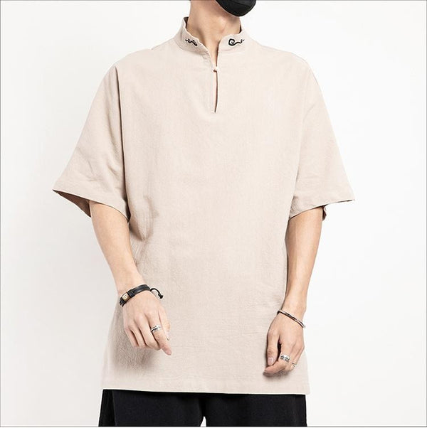 Stand-up Collar Button Hanfu Cotton And Linen Half-sleeved T-shirt