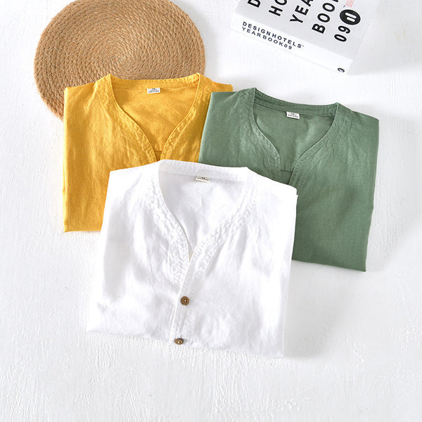 Men's Stand Collar Solid Color Pullover Short Sleeve Cotton And Linen Shirt