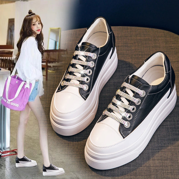 Genuine Leather Platform Versatile Casual Breathable White Muffin Height Increasing Insole Women's Board Shoes