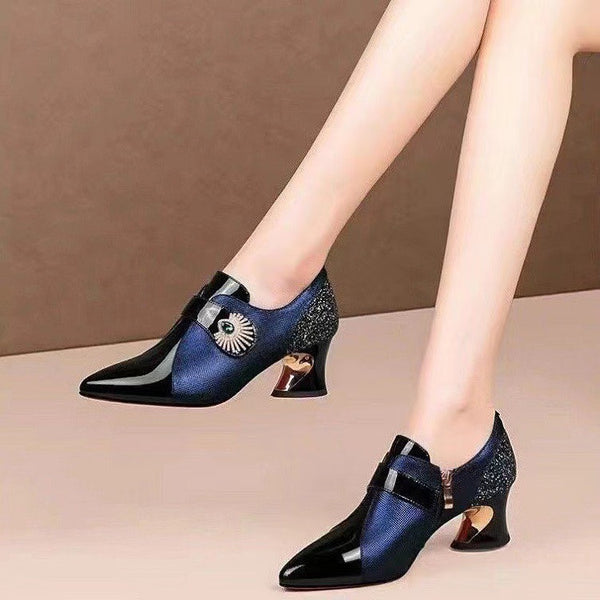 Women's Fashion Rhinestone Soft Leather Mid Heel Deep Mouth Pumps