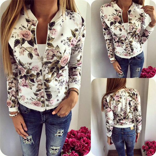 Flower Print Girl Large Size Casual Baseball Sweatshirt Long Sleeve Jacket