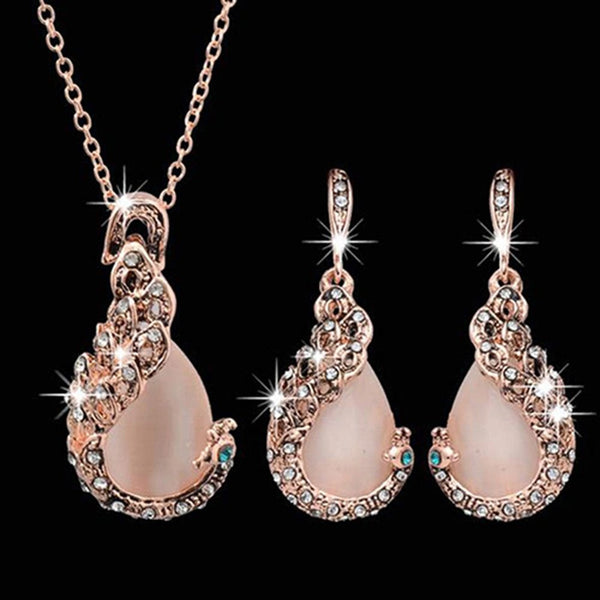 Women Elegant Waterdrop Rhinestone Pendant Necklace Hook Earrings Jewelry Set