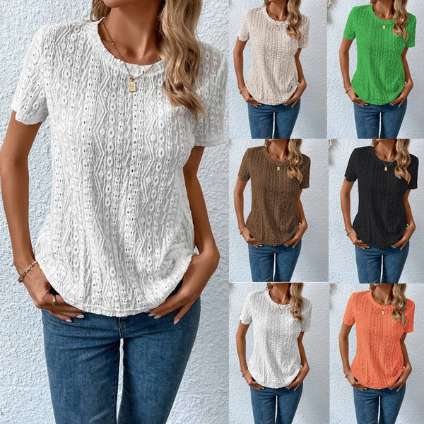 Hollowed Leisure Solid Color Round Neck T-shirt For Women