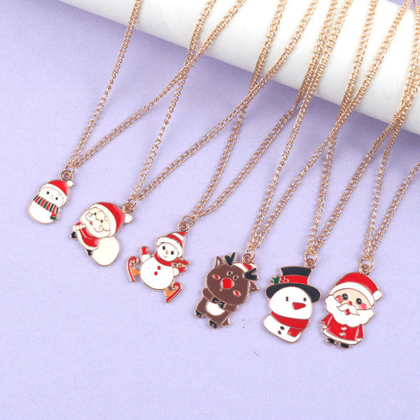 Christmas Necklace Cute Cartoon Santa Claus Snowman Elk Pendant Necklace Xmas New Year Festival Ear Jewelry Gifts