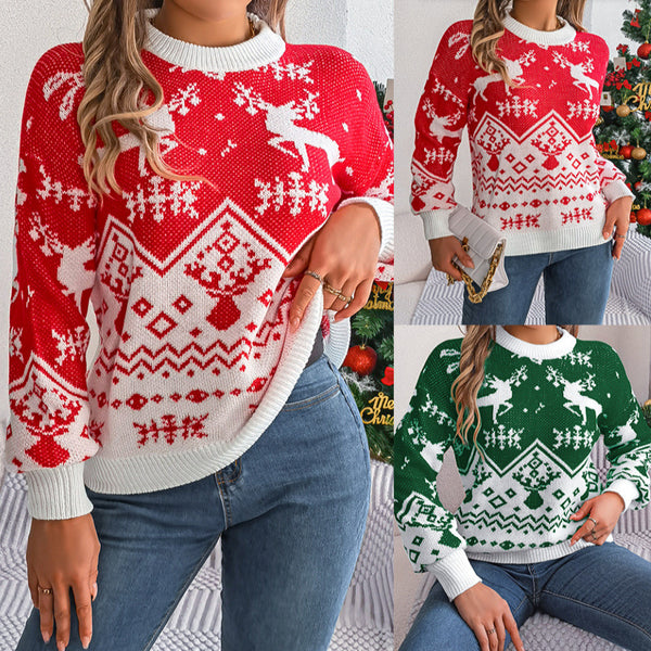 2025 New Year Autumn Winter Casual Deer Pattern Long Sleeve Hoodie Sweater Christmas For Women Red Green Knitted Pullover Jumper