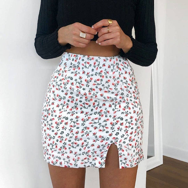 Floral split-fork skinny A-line skirt