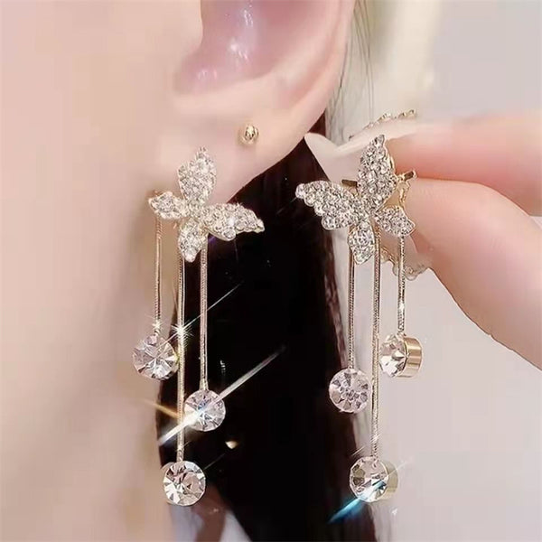 Fashion Jewelry Shiny Butterfly Rhinestone Drop Dangle Earrings Women Elegant Long Pearl Tassel Pendant Party Jewelry