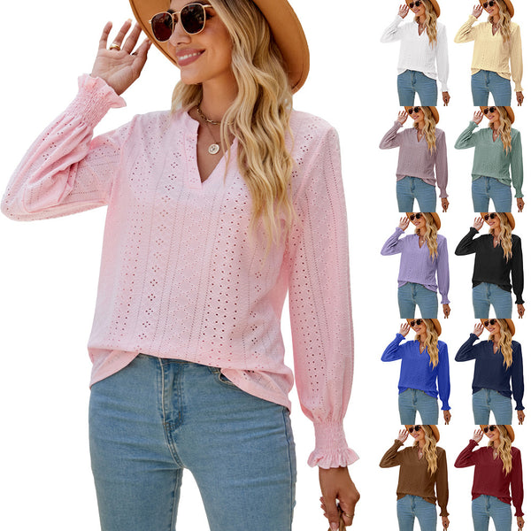 Solid Color Hollow-out Pleated Ruffle Shirts Sleeve V-neck Loose Long Sleeve Tops Women