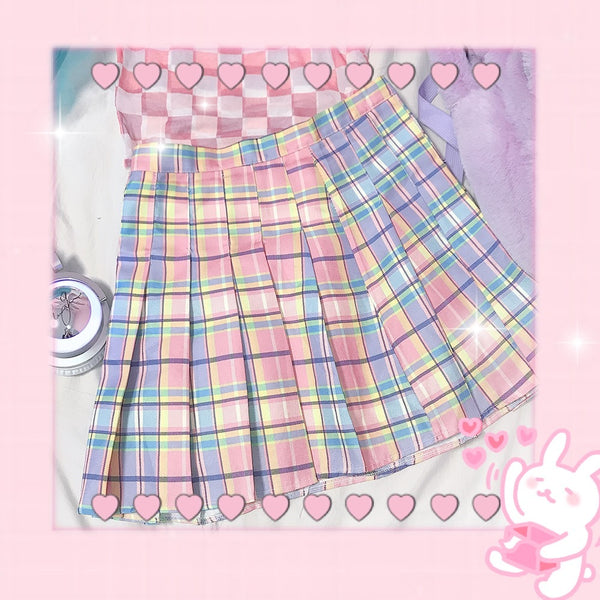 Gradient pink plaid loose a word college wind bottom pleated skirt