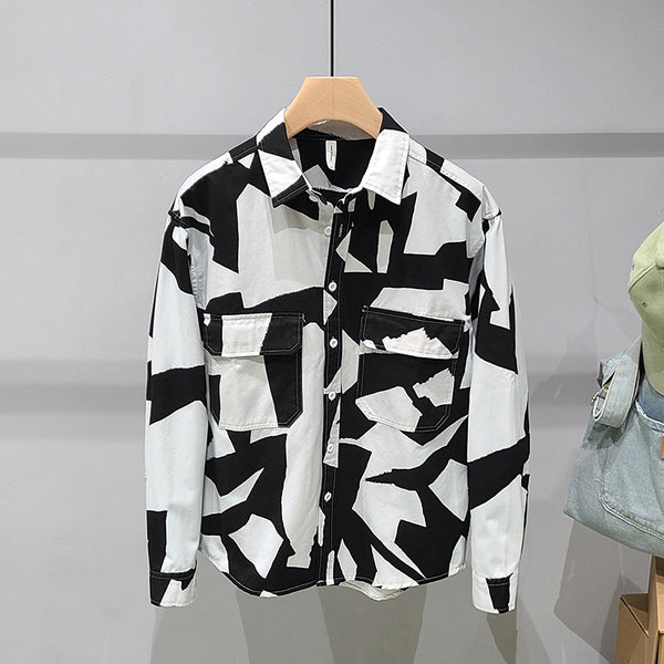 Black And White Geometric Print Cotton Long-sleeved Shirt