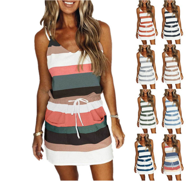 Fashion Stripe Drawstring Dress Summer Dress Loose Sleeveless Dress Women's Comfortable Casual Outfits Wear