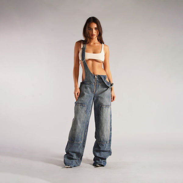 European And American Style Zipper Denim Suspender Pants