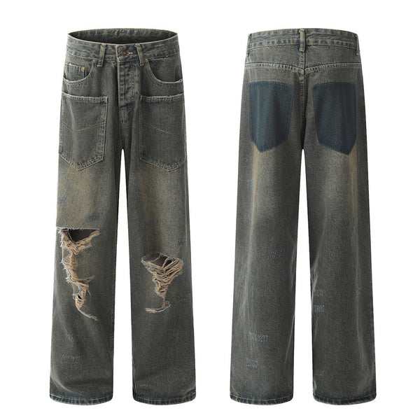 Pocket Design Loose Denim Straight-leg Trousers Men