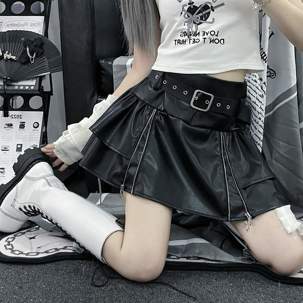 Dark Style Cross Lace-up Slimming Leather Skirt