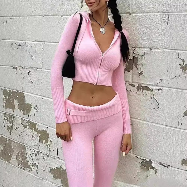 Knitted Hooded Suits High Waist Long Sleeves Trousers Two-piece Set