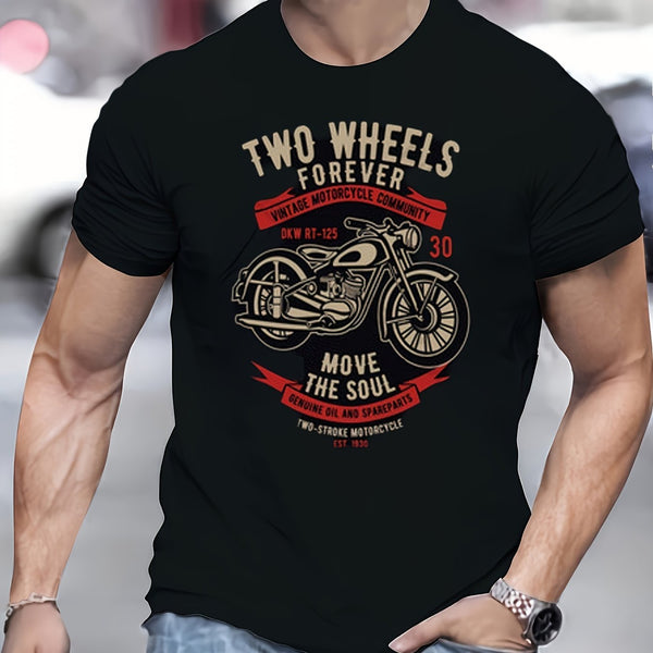 Men's Novel Pattern T-shirt, Motor Print, Polyester And Spandex, Retro Motorcycle Design, Casual Round Neck, Machine Washable