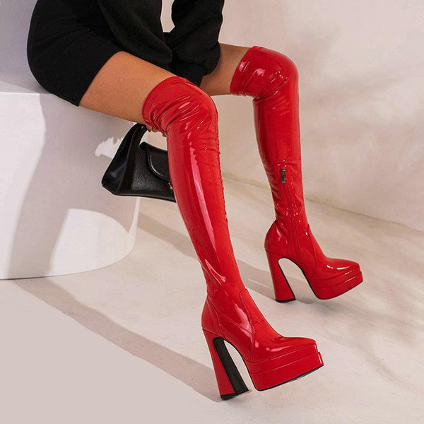 Bright Faced Thick Heeled Patent Leather Knee Boots